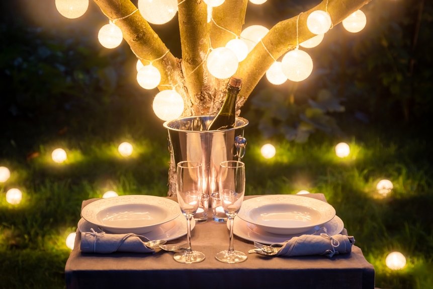 Romantic table for two with champagne and glasses